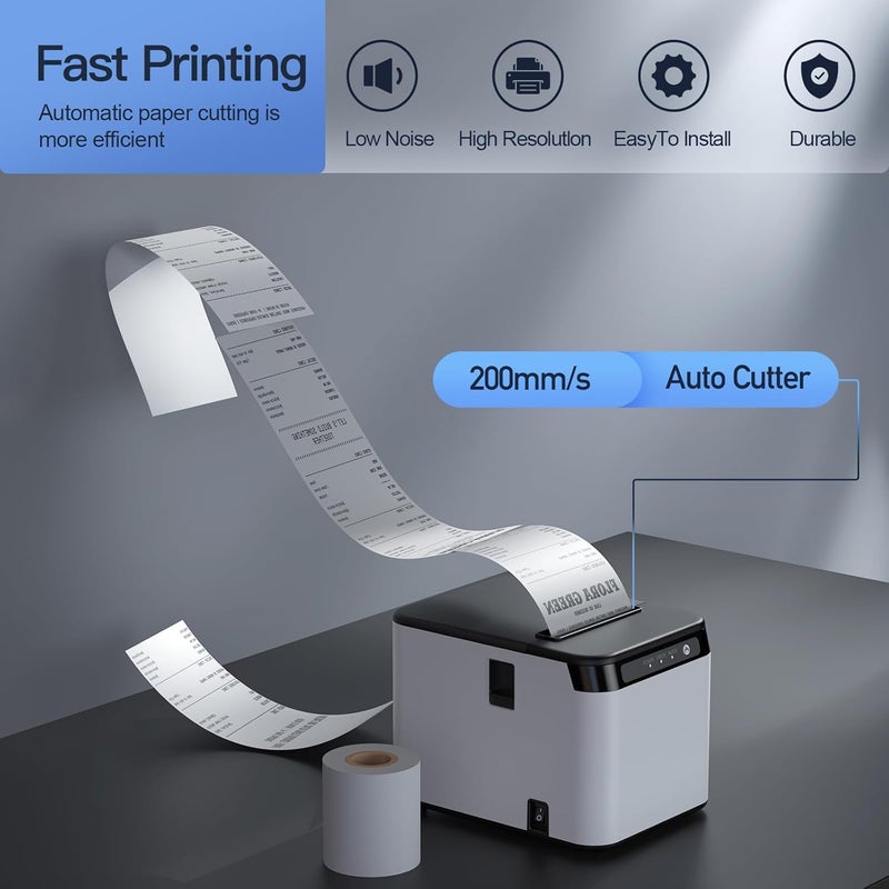 Bisofice طابعة إيصالات 80 مم طابعة حرارية ESC/POS طابعة مكتبية طباعة مباشرة اتصال USB + LAN كفاءة عالية مع قاطع تلقائي سلة ورق كبيرة للأعمال التجارية والشحن والمطاعم والمطابخ والسوبرماركت - Image 2